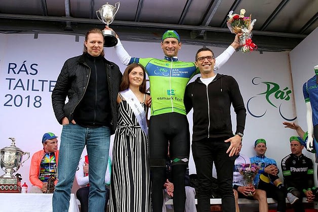 Rolando and Darragh from Esmark Finch presenting the winner Luuc Bugter at the end of stage 8 of Ras Tailteann 2018